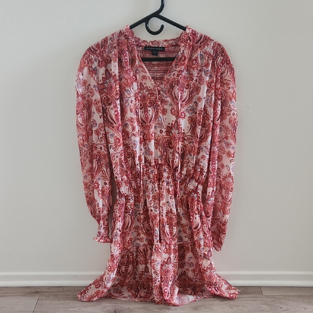 Boston Proper Red And Pink Paisley Dress